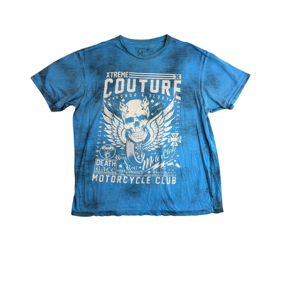 Vintage Y2K Xtreme Couture Graphic Tee Mens 3XL Blue Biker Winged Skull T Shirt